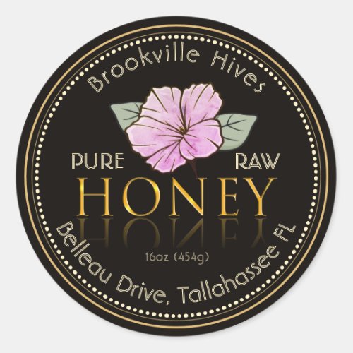 Black and Gold Pure Raw Honey Label Flower Pink