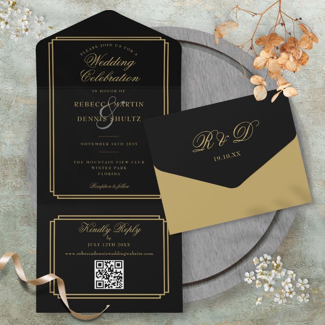 Black And Gold QR Code Art Deco Monogram Wedding All In One Invitation (Black And Gold QR Code Art Deco Monogram Wedding All In One Invitation)