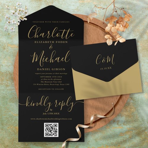 Black And Gold QR Code Minimalist Wedding All In One Invitation