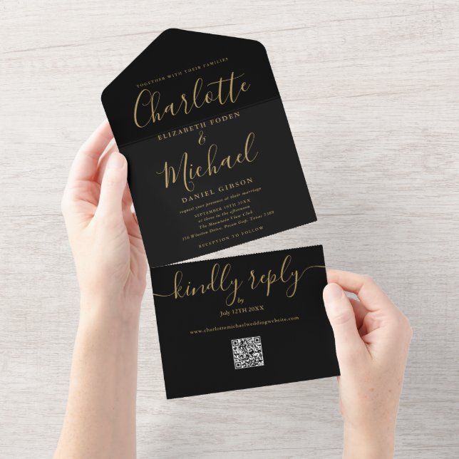 Black And Gold QR Code Minimalist Wedding All In One Invitation (Tearaway)
