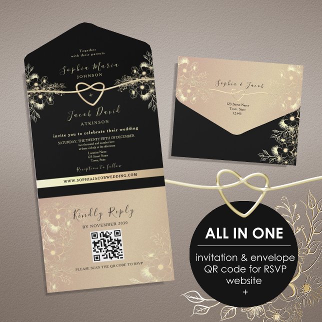 Black and Gold QR Code Wedding All In One Invitation (Creator Uploaded)