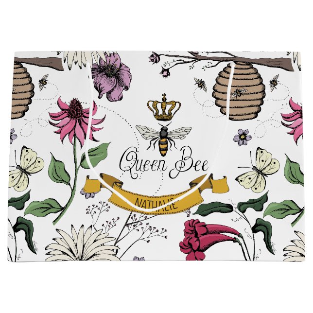 Black and Gold Queen Bee, Royal Crown & Scroll Large Gift Bag (Front)