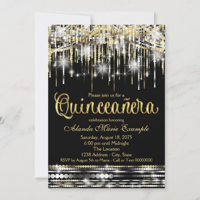 Black and Gold Quinceanera Glitter Glam Sparkle Invitation (Front)