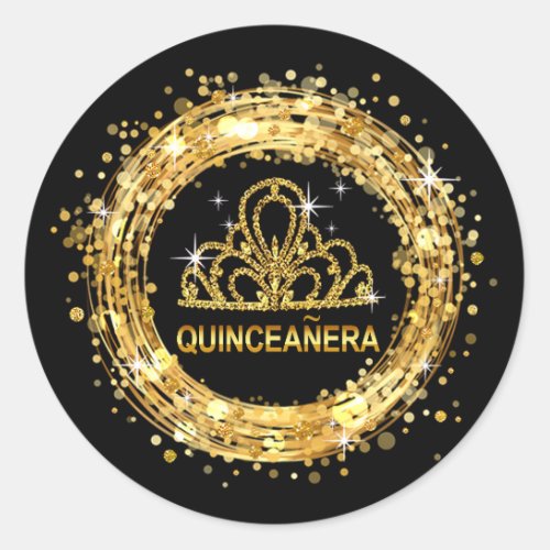 Black and Gold Quinceanera Glitter Tiara Classic Round Sticker