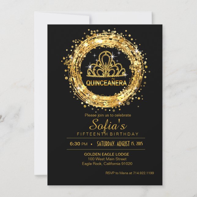 Black and Gold Quinceanera Glitter Tiara Invitation (Front)