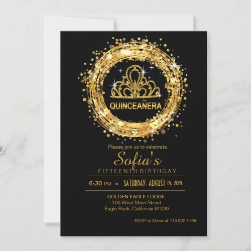 Black and Gold Quinceanera Glitter Tiara Invitation
