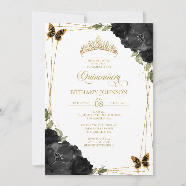 Black and Gold Quinceañera Invitation (Front)