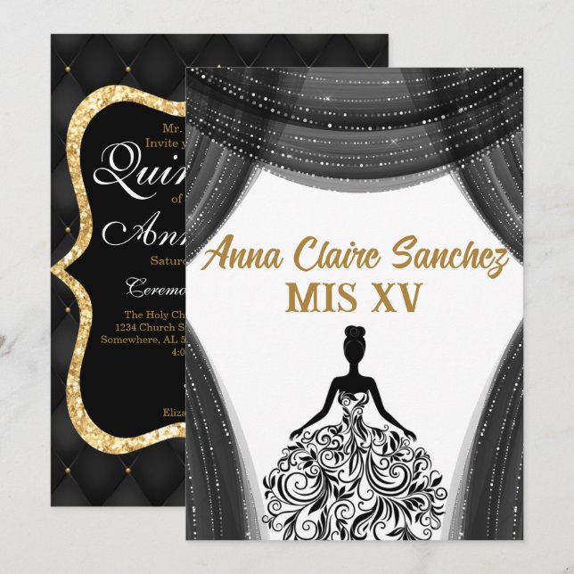 Black and Gold Quinceanera Invitation (Front/Back)