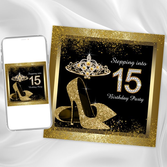 Black and Gold Quinceanera Invitation (Quinceanera or any occasion invitation. Simply delete the 15 and add the text of your choice.)