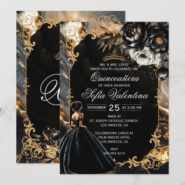 Black and Gold Quinceañera Invitation (Front/Back)