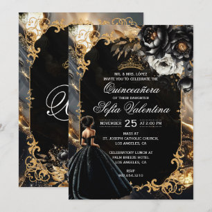 Black and Gold Quinceañera Invitation