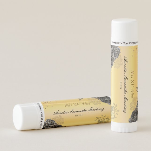 Black and Gold Quinceañera Party Favors Lip Balm (Front)