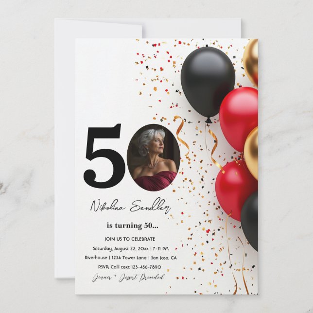 Black and Gold Red balloons 50 birthday party Invitation (Front)