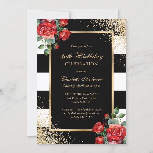 Black and Gold Red Floral 30th Birthday Invitation