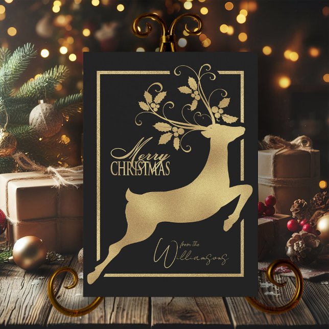 Black And Gold Reindeer Merry Christmas Wishes Holiday Card (retro xmas card merry christmas wishes reindeer christmas card)