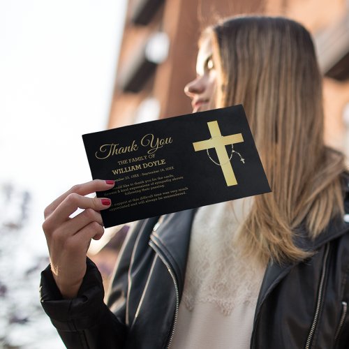 Black And Gold Religious Cross And Rosary Funeral Thank You Card