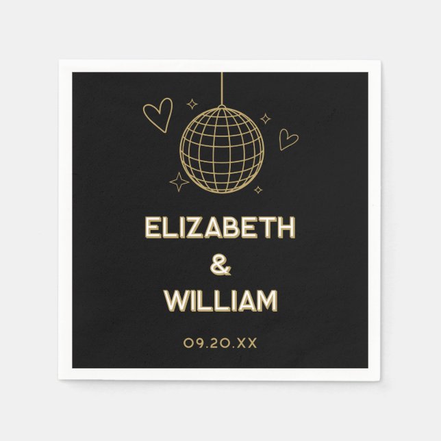 Black And Gold Retro Disco Groovy 70s Wedding Napkins (Front)