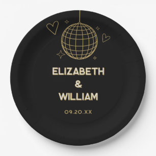 Black And Gold Retro Disco Groovy 70s Wedding Paper Plates