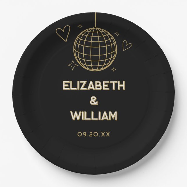 Black And Gold Retro Disco Groovy 70s Wedding Paper Plates (Front)