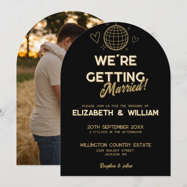 Black And Gold Retro Disco Groovy Wedding Photo Invitation (Front/Back)