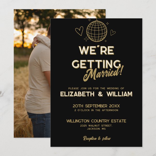 Black And Gold Retro Disco Groovy Wedding Photo Invitation (Front/Back)