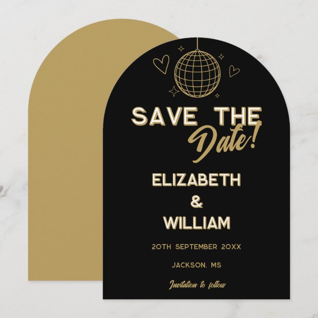Black And Gold Retro Disco Groovy Wedding Save The Date (Front/Back)