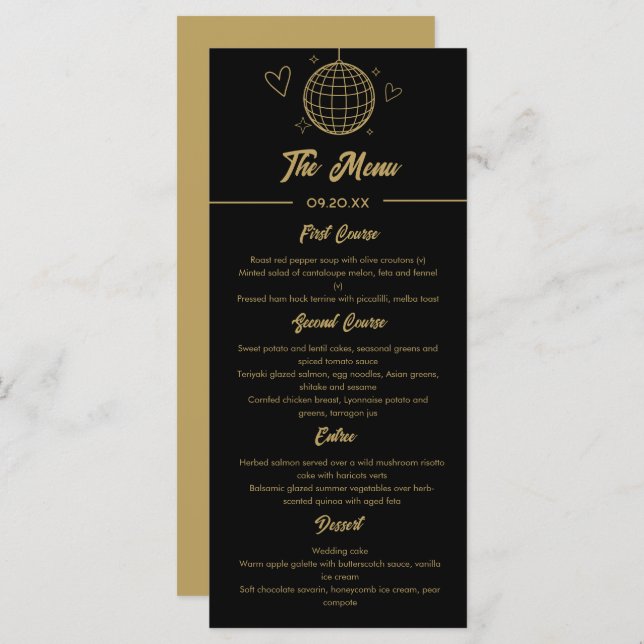 Black And Gold Retro Groovy Disco 70s Wedding Menu (Front/Back)