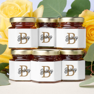 Black and Gold Retro Script Monogram Honey Jar Favors