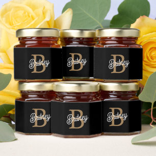 Black and Gold Retro Script Monogram Honey Jar Favors