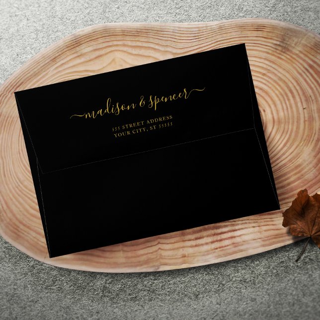 Black and Gold Return Address Handwritten Wedding  Envelope (Solid Black Wedding Envelope)