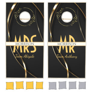 Black and Gold Ribbon Elegant Monogram Wedding Cornhole Set