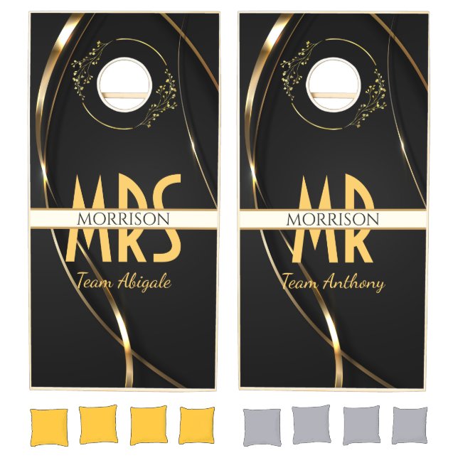 Black and Gold Ribbon Elegant Monogram Wedding Cornhole Set (Set)