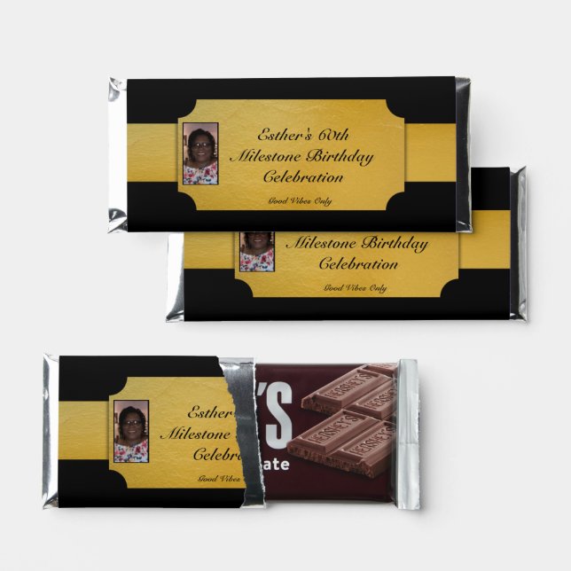 Black and Gold Ribbon Photo  Hershey Bar Favors (Front)
