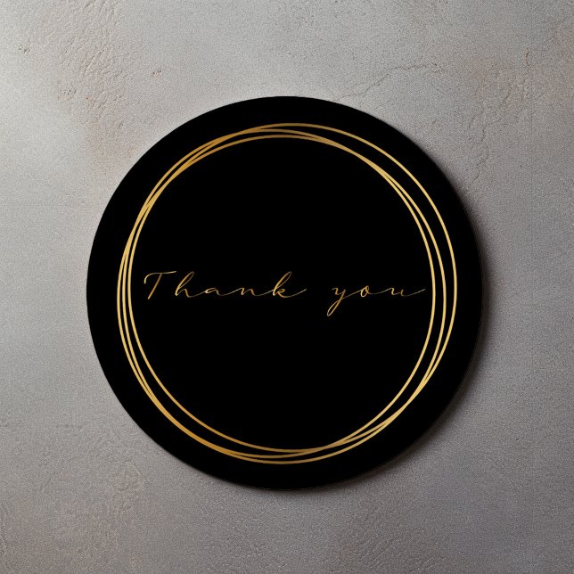 Black and Gold rings Thank You Modern Elegant Classic Round Sticker (Black round thank you sticker with gold script and double circle frame)