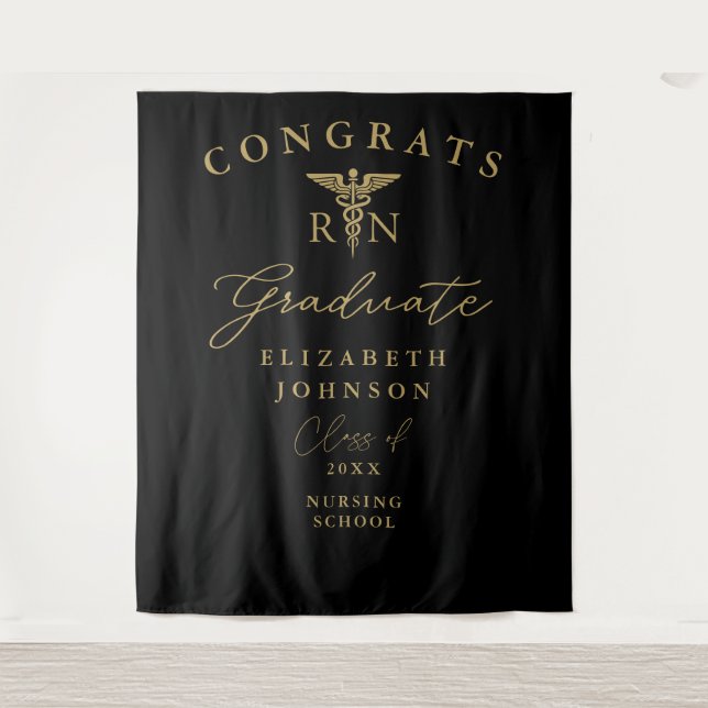 Black And Gold RN Nurse Graduation Photo Backdrop (Front)