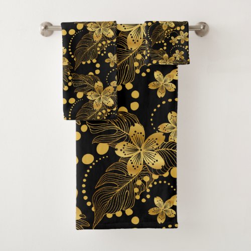 Black and gold ropical leaves  flowers pattern Sh Bath Towel Set