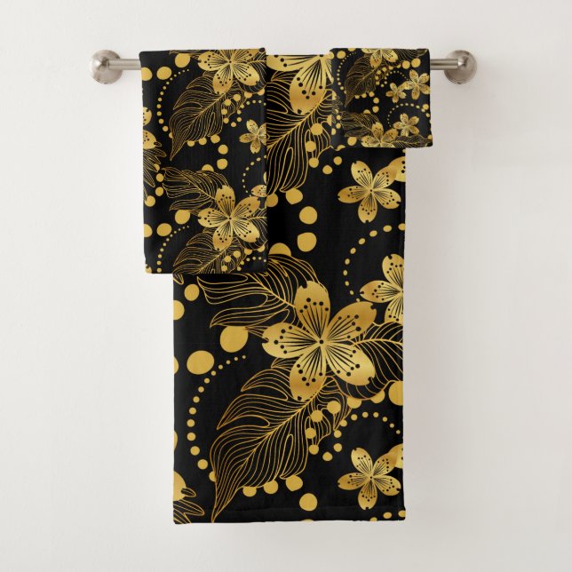 Black and gold ropical leaves & flowers pattern Sh Bath Towel Set (Insitu)