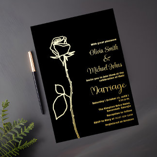Black and Gold Rose bud Elegant Wedding Invitation