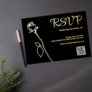 Black and Gold Rose bud QR code RSVP Wedding Foil Holiday Card