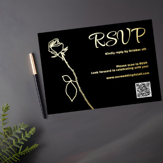 Black and Gold Rose bud QR code RSVP Wedding Foil Holiday Card