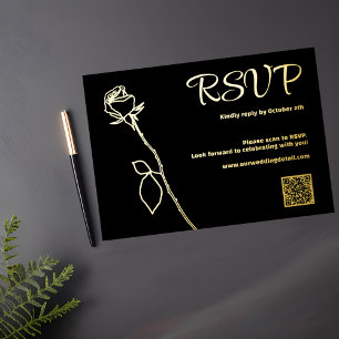Black and Gold Rose bud QR code RSVP Wedding Foil Holiday Card