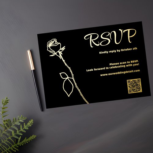 Black and Gold Rose bud QR code RSVP Wedding Foil Holiday Card