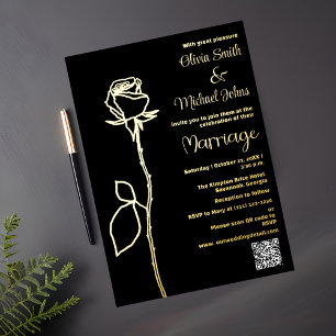 Black and Gold Rose bud QR code Wedding Invitation