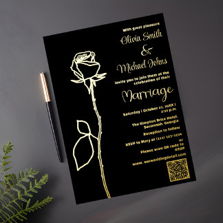 Black and Gold Rose bud QR code Wedding Invitation