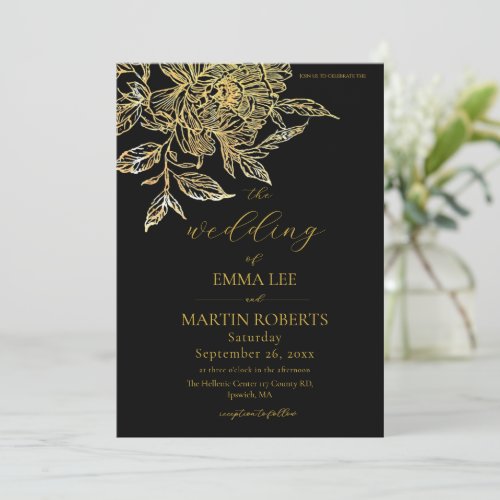 Black and Gold Rose Elegant Floral Wedding Invitation