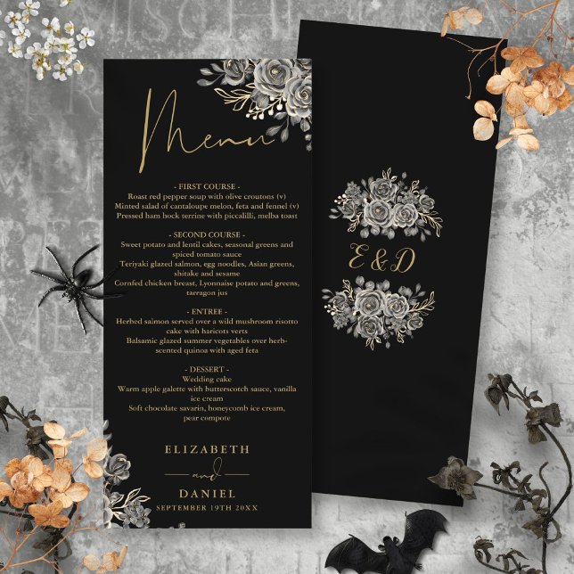 Black And Gold Roses Floral Gothic Wedding Dinner Menu (Black And Gold Roses Floral Gothic Wedding Dinner Menu)