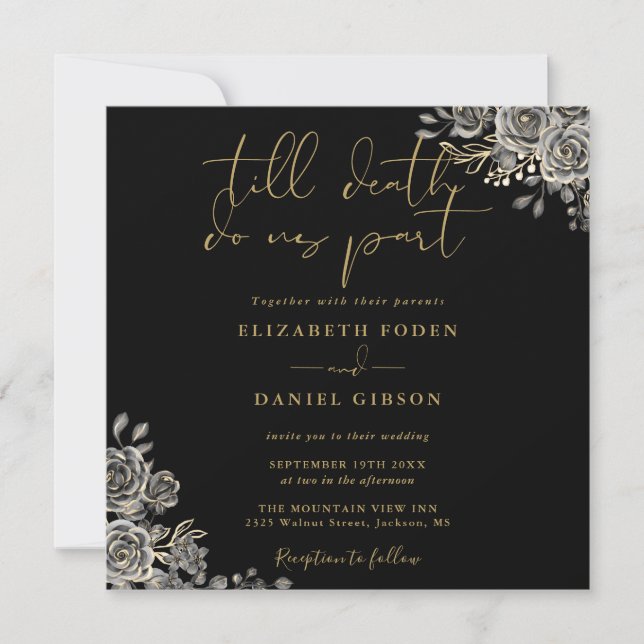 Black And Gold Roses Floral Gothic Wedding Invitation (Front)
