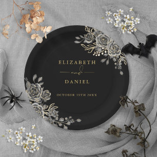 Black And Gold Roses Floral Gothic Wedding Paper Plates