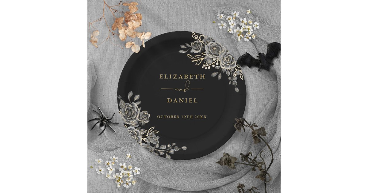Black And Gold Roses Floral Gothic Wedding Paper Plates | Zazzle