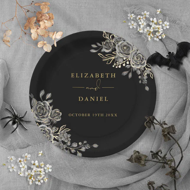 Black And Gold Roses Floral Gothic Wedding Paper Plates | Zazzle